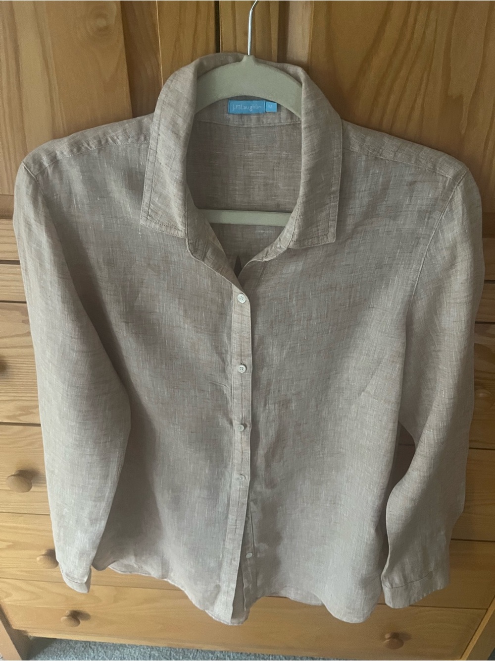 J McLaughlin M 100 percent Linen Button-Up Shirt in Light Taupe